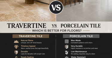 Side by side comparison of travertine natural stone floor tile and porcelain floor tile in a modern home interior