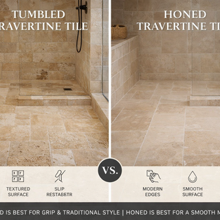 Comparison of tumbled and honed travertine tile finishes on bathroom floor and shower wall