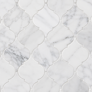 Elegant white arabesque marble tile pattern featuring premium natural stone with subtle gray veining in a seamless decorative mosaic design.