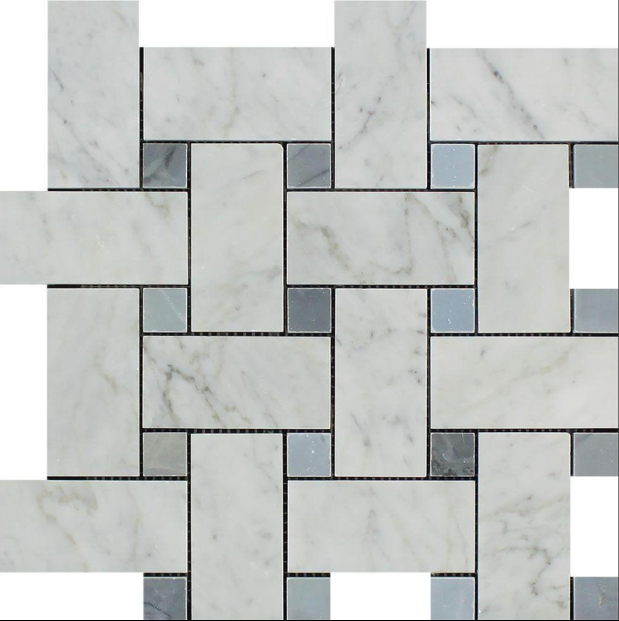 Premium basketweave mosaic tile collection featuring Carrara, Calacatta, Thassos, beige, gray, and black marble mosaic designs with contrasting dot inserts for kitchens, bathrooms, showers, and feature walls.