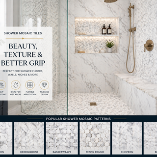 Bathroom shower mosaic tile design with slip resistant marble and porcelain patterns for shower floors walls and niches