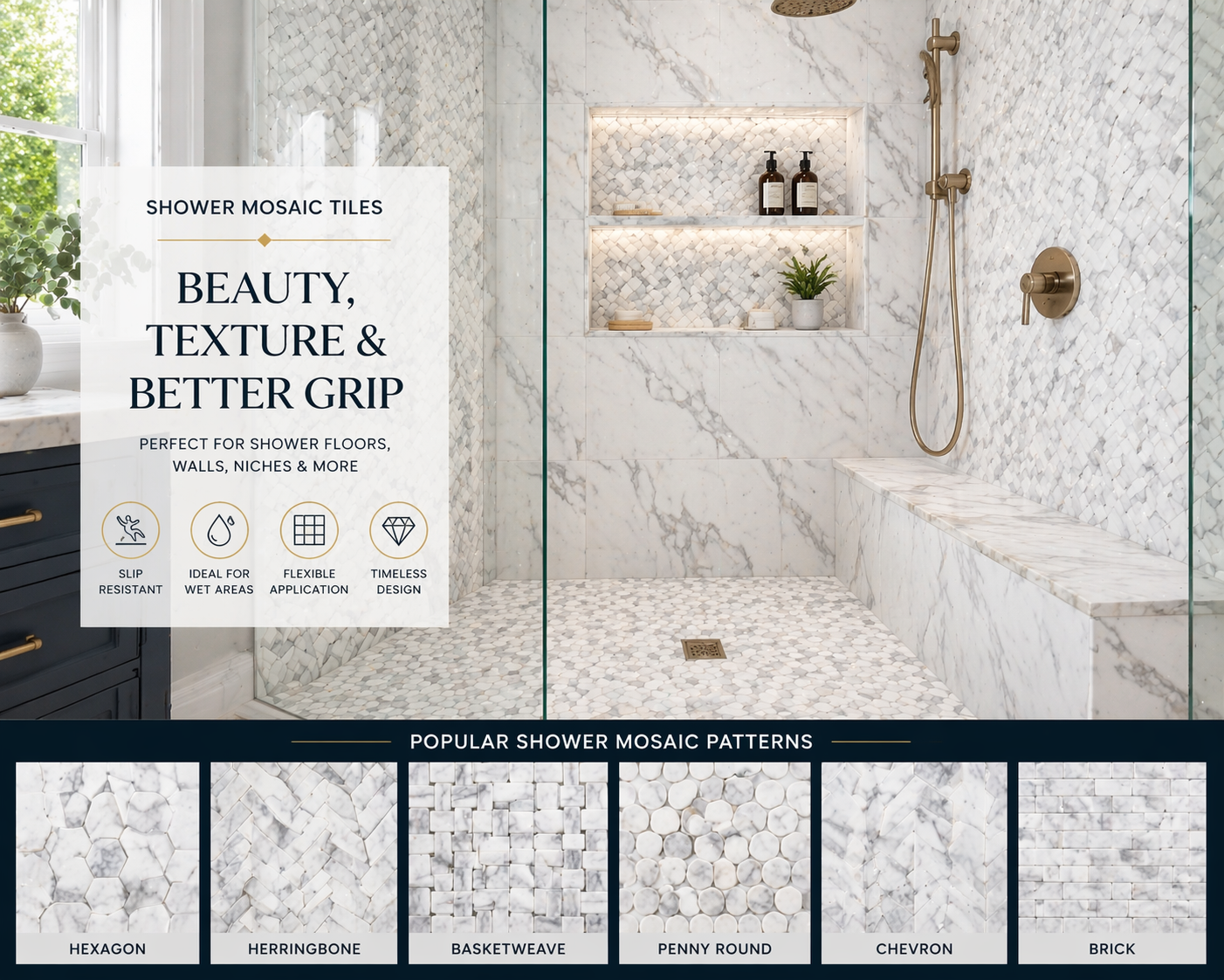 Bathroom shower mosaic tile design with slip resistant marble and porcelain patterns for shower floors walls and niches