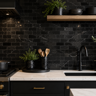 Black marble mosaic tile for kitchen backsplash bathroom walls and shower design with bold contrast
