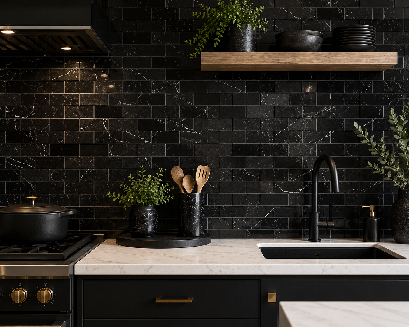 Black marble mosaic tile for kitchen backsplash bathroom walls and shower design with bold contrast
