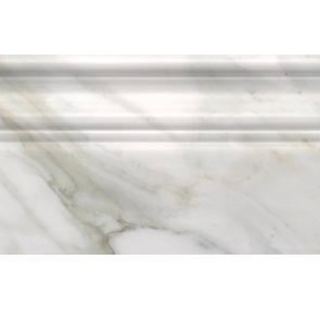 Premium Calacatta marble moldings and trim pieces featuring a bright white background with bold natural veining for backsplashes, bathrooms, showers, fireplaces, and decorative wall installations.