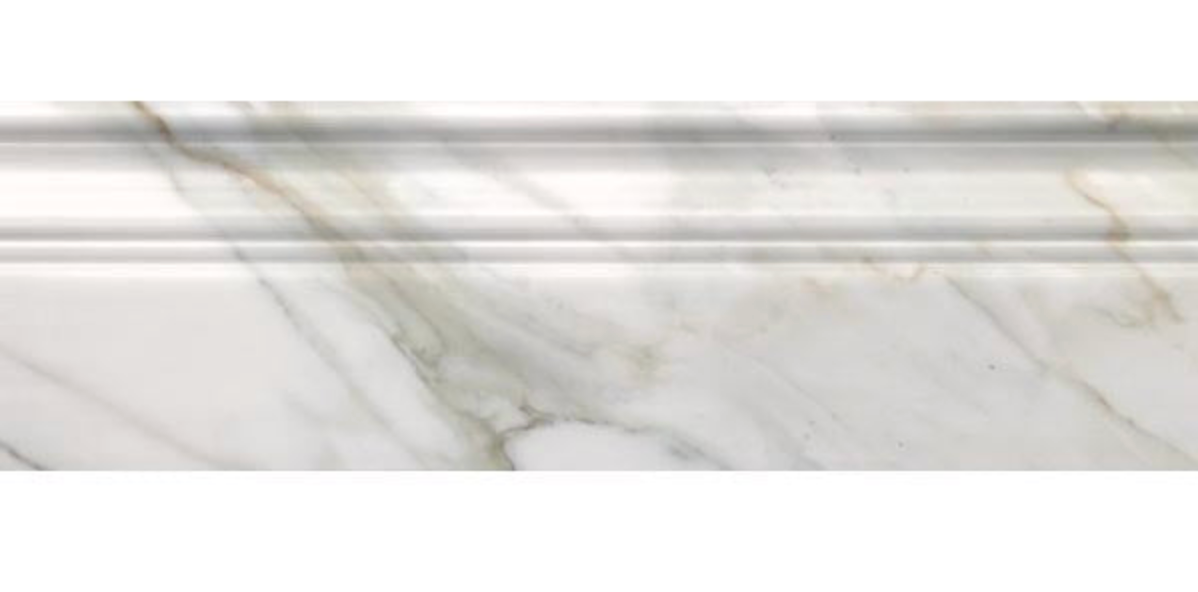 Premium Calacatta marble moldings and trim pieces featuring a bright white background with bold natural veining for backsplashes, bathrooms, showers, fireplaces, and decorative wall installations.