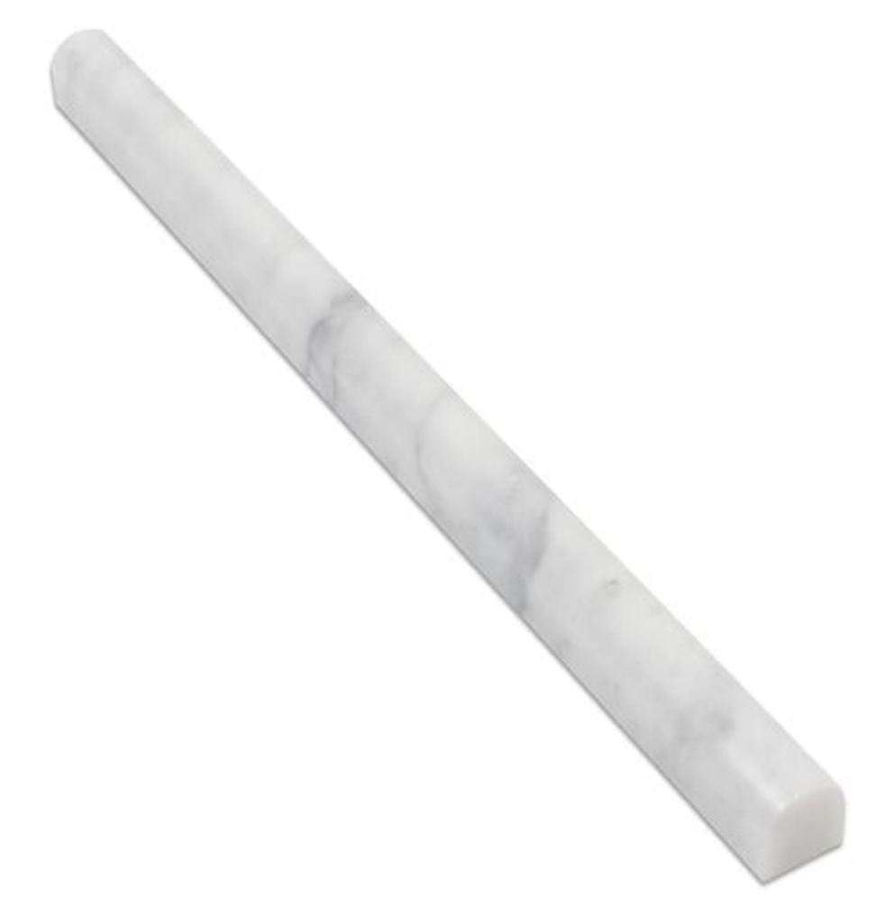 Premium Carrara marble moldings and trim pieces featuring a soft white background with delicate gray veining for backsplashes, bathrooms, showers, fireplaces, and decorative wall installations.