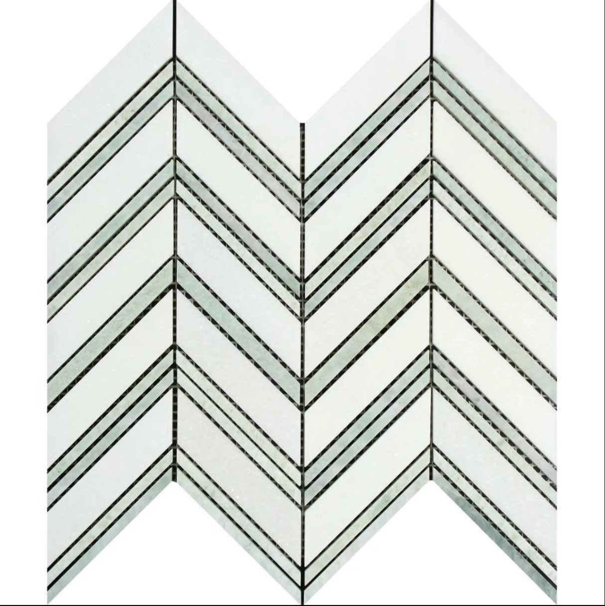 Premium Chevron marble tile collection featuring Carrara, Calacatta, Thassos, and gray marble mosaics in elegant V-shaped patterns for kitchens, bathrooms, showers, backsplashes, and feature walls.