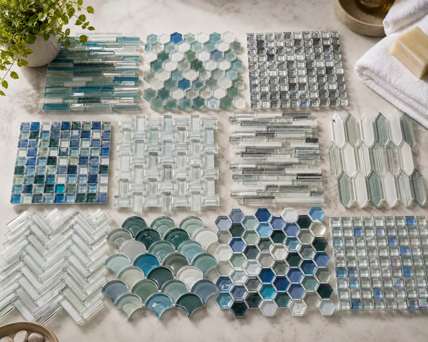 Premium glass tile collection featuring colorful glass mosaics and wall tiles for kitchens, bathrooms, showers, pools, backsplashes, and feature walls.