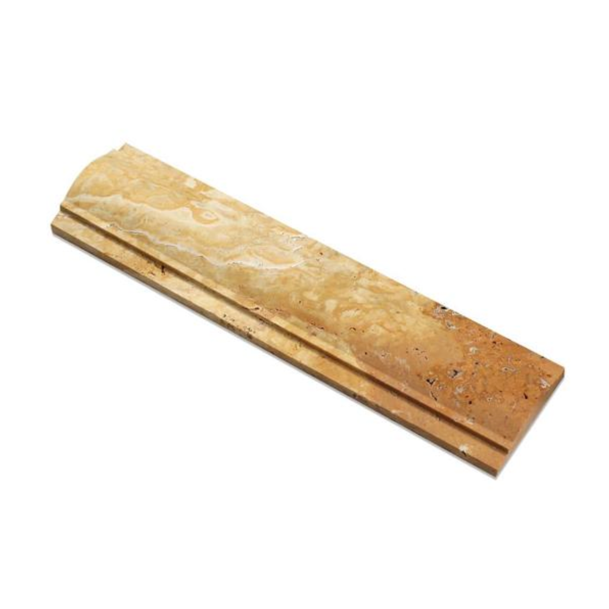 Premium Gold Travertine moldings and trim pieces featuring warm golden, honey, and light walnut natural stone for bathrooms, kitchens, fireplaces, showers, floors, and feature wall installations.