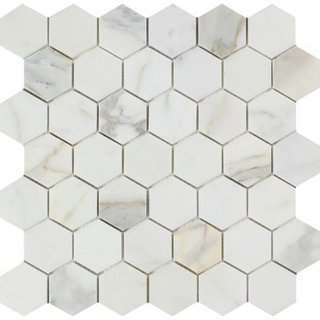 Hexagon marble tiles for bathroom floors shower floors and kitchen backsplash in Carrara Calacatta and Thassos