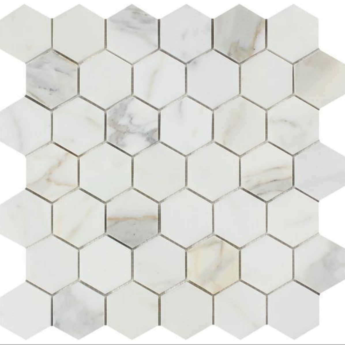 Hexagon marble tiles for bathroom floors shower floors and kitchen backsplash in Carrara Calacatta and Thassos