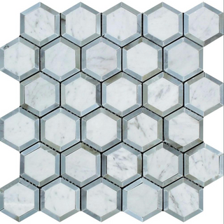 Premium hexagon mosaic tiles in marble, porcelain, ceramic, glass, brass, and natural stone for kitchen backsplashes, bathrooms, showers, fireplaces, floors, and accent walls.