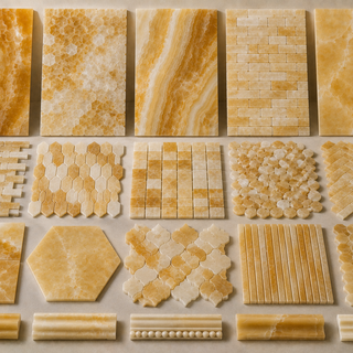 Luxury Honey Onyx collection featuring golden natural stone tiles, mosaics, and moldings for elegant interior spaces.