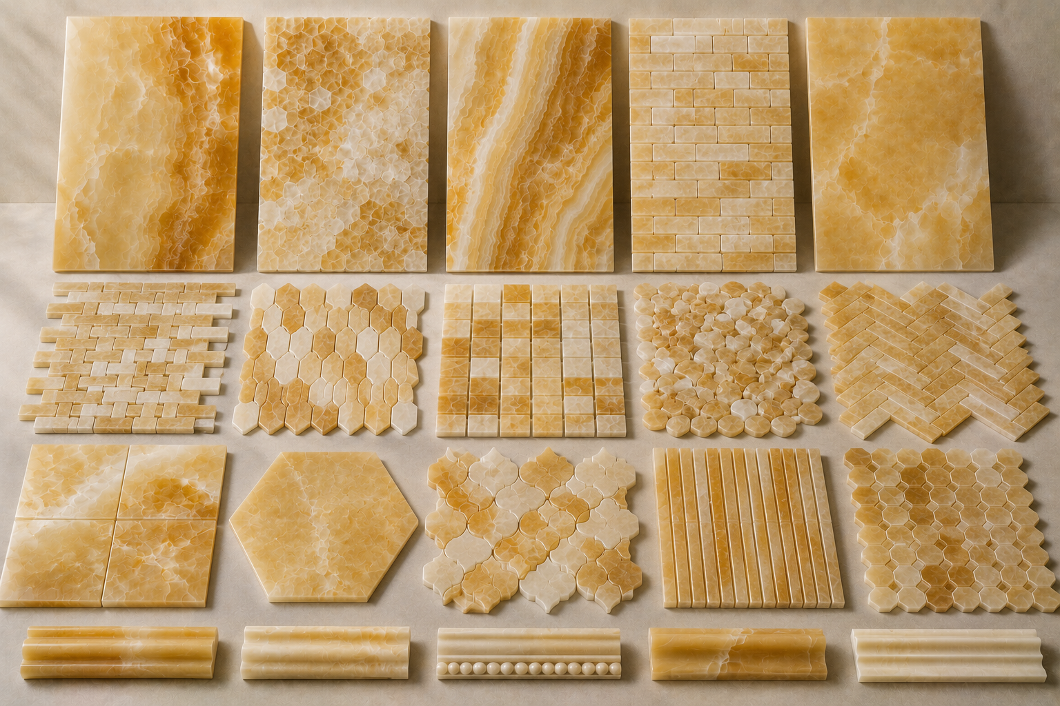 Luxury Honey Onyx collection featuring golden natural stone tiles, mosaics, and moldings for elegant interior spaces.