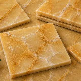 Premium Honey Onyx natural stone tiles featuring rich golden tones, translucent veining, and polished finishes for luxury floors, walls, bathrooms, kitchens, and fireplaces.
