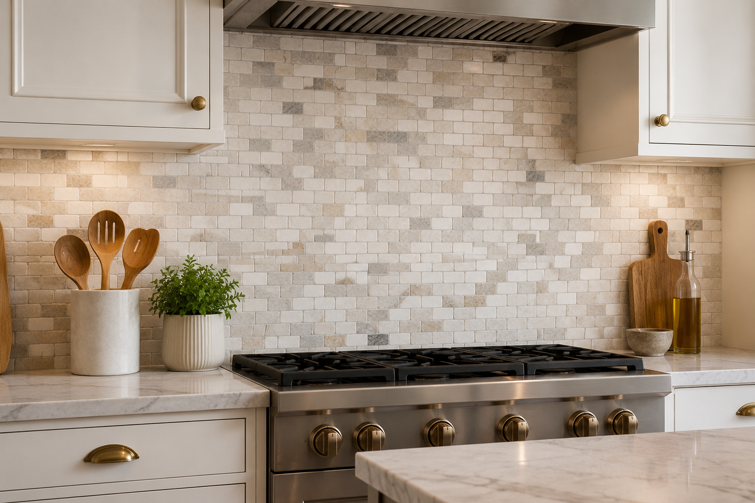 Luxury kitchen backsplash featuring premium marble, travertine, porcelain, ceramic, and mosaic tiles in a modern kitchen.