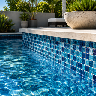 Luxury swimming pool featuring blue glass mosaic pool tiles along the waterline in a modern outdoor backyard design with sparkling water and resort-inspired landscaping.