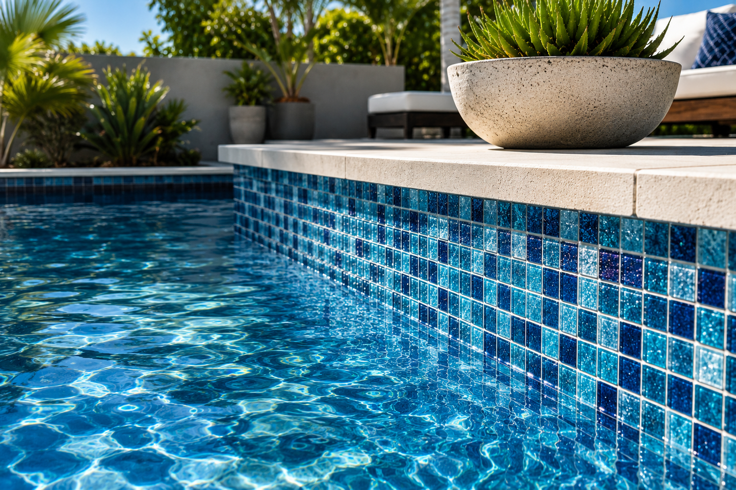 Luxury swimming pool featuring blue glass mosaic pool tiles along the waterline in a modern outdoor backyard design with sparkling water and resort-inspired landscaping.