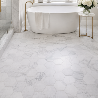 Marble bathroom floor tile in hexagon basketweave and mosaic patterns for luxury bathroom design