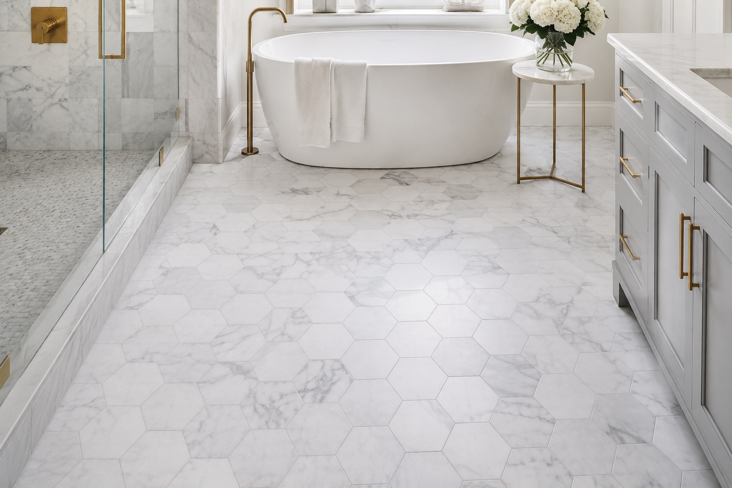 Marble bathroom floor tile in hexagon basketweave and mosaic patterns for luxury bathroom design