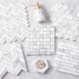 Marble mosaic tile patterns including herringbone, hexagon, chevron, basketweave and brick designs for bathroom showers and kitchen backsplashes