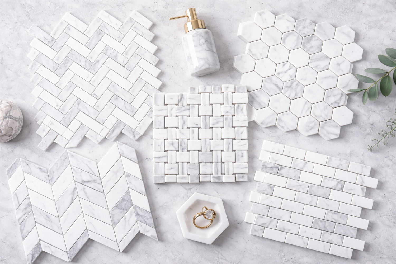 Marble mosaic tile patterns including herringbone, hexagon, chevron, basketweave and brick designs for bathroom showers and kitchen backsplashes