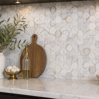 Luxury marble and gold hexagon mosaic backsplash featuring premium white marble with metallic gold accents in a modern kitchen setting.