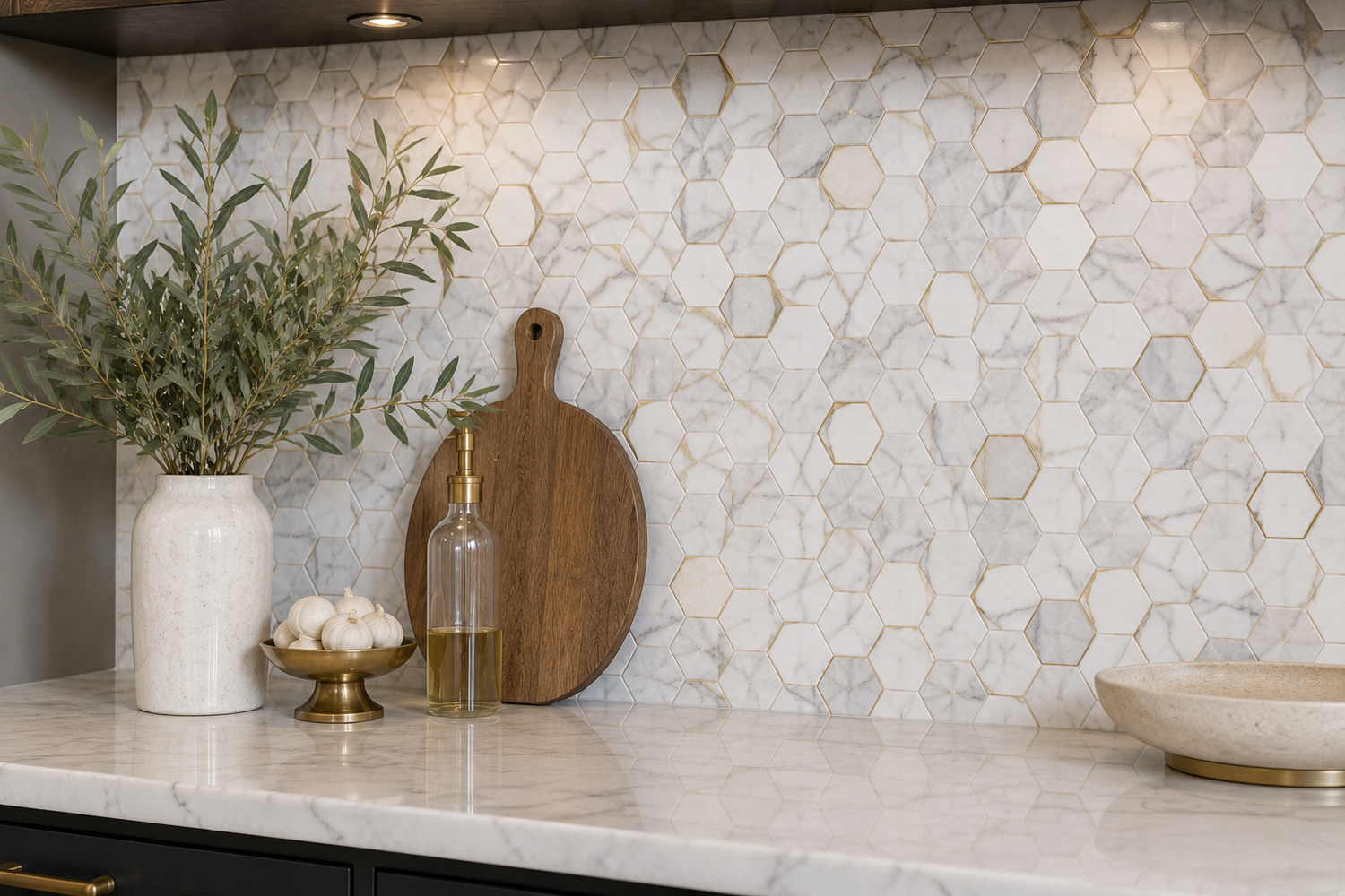 Luxury marble and gold hexagon mosaic backsplash featuring premium white marble with metallic gold accents in a modern kitchen setting.