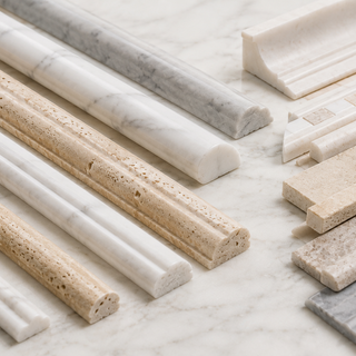 Premium natural stone moldings and trims featuring marble and travertine pencil liners, chair rails, baseboards, crown moldings, and decorative trim pieces for kitchens, bathrooms, showers, and feature walls.