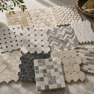 Premium natural stone mosaics featuring marble, travertine, limestone, slate, and onyx mosaic tile patterns for luxury interiors.