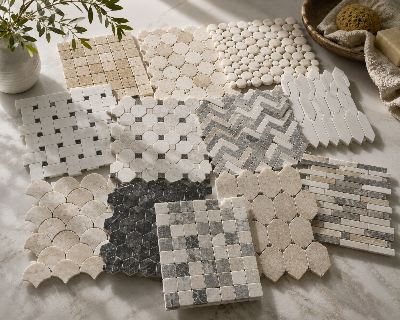 Premium natural stone mosaics featuring marble, travertine, limestone, slate, and onyx mosaic tile patterns for luxury interiors.