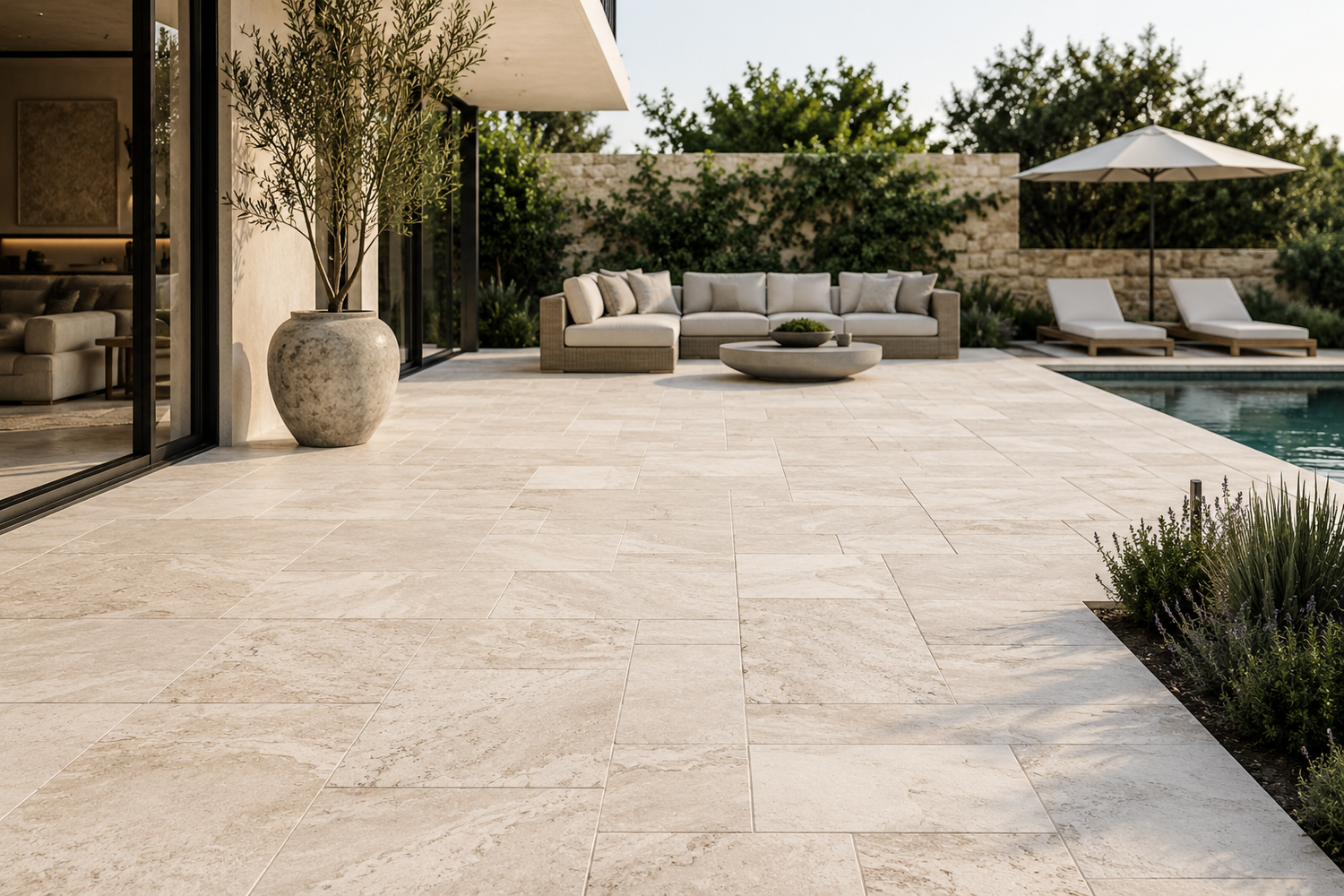 Premium natural stone and porcelain outdoor pavers installed on a modern patio with elegant landscaping and seamless indoor-outdoor living.