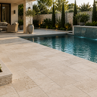 Premium outdoor natural stone tiles installed on a modern patio with seamless indoor-outdoor living and contemporary landscape design.