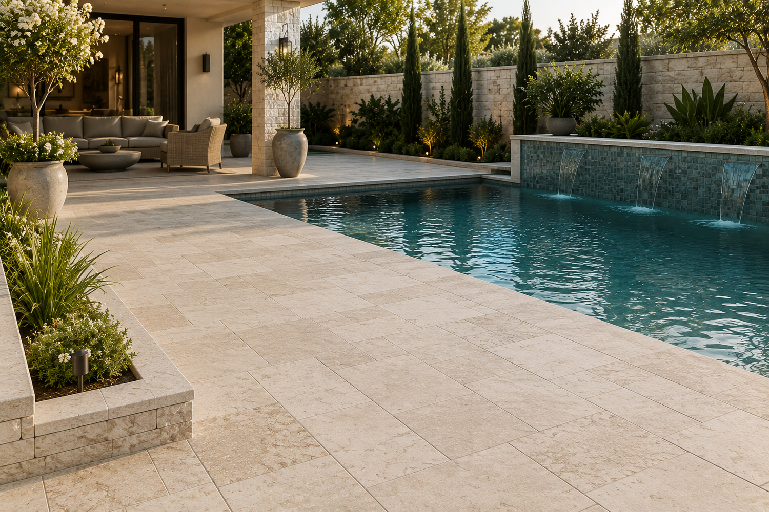 Premium outdoor natural stone tiles installed on a modern patio with seamless indoor-outdoor living and contemporary landscape design.