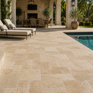 Outdoor travertine pavers for patio pool deck walkway and backyard landscaping design
