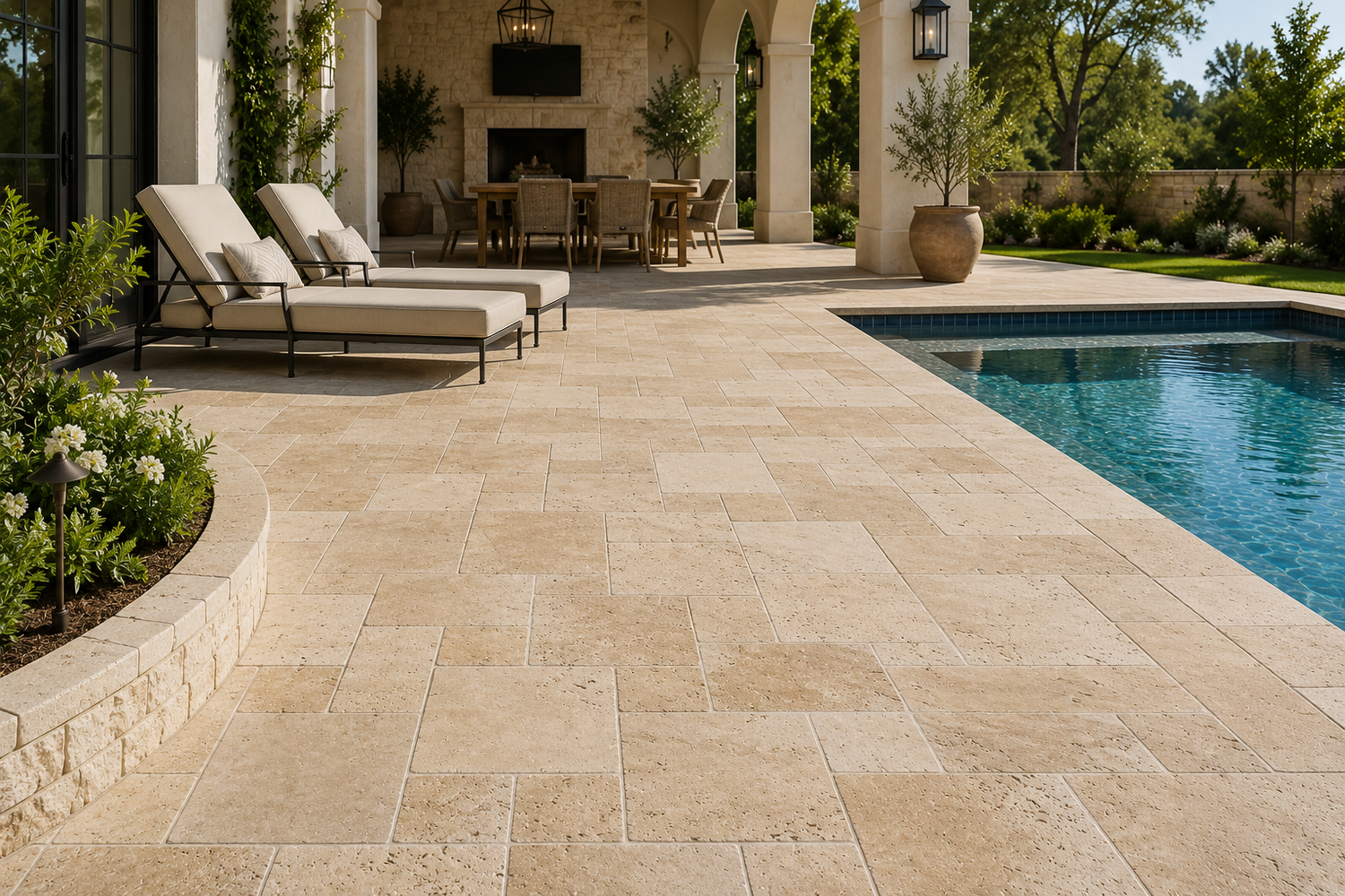 Outdoor travertine pavers for patio pool deck walkway and backyard landscaping design