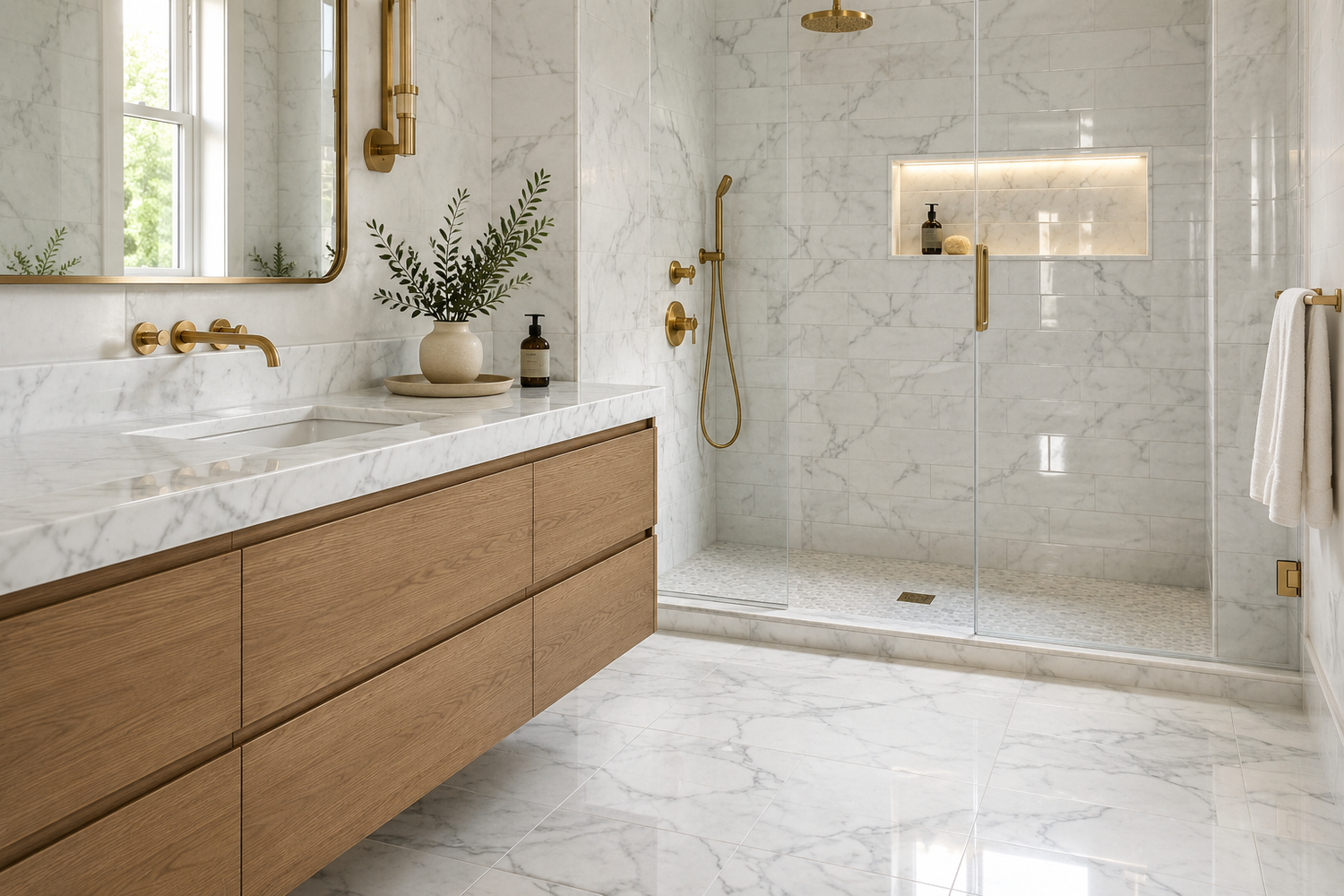 Polished marble tile with glossy natural stone finish for bathroom kitchen backsplash and shower design
