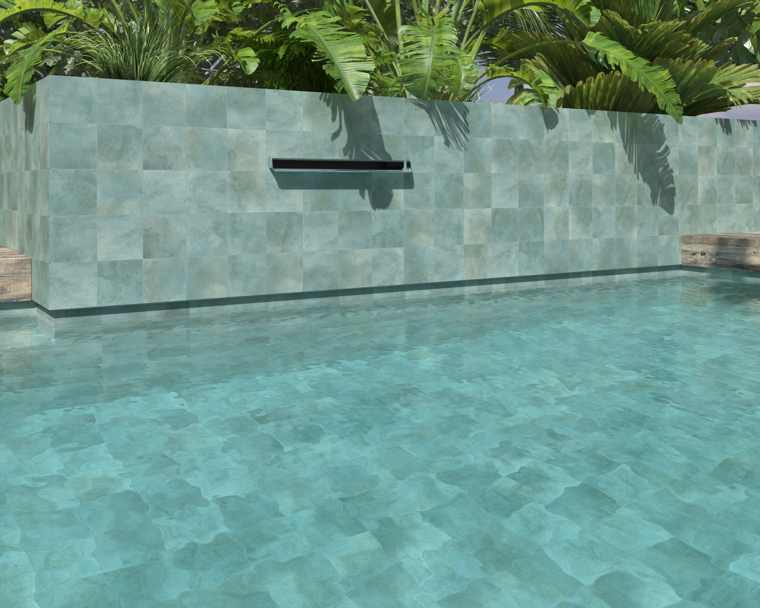 Premium glass, porcelain, and natural stone pool mosaic tiles for swimming pools, spas, waterlines, and outdoor aquatic spaces.