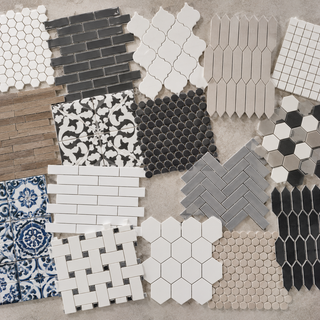 Premium porcelain mosaic collection featuring decorative, hexagon, penny round, herringbone, picket, basketweave, and subway porcelain mosaic tiles in white, gray, black, blue, and wood-look finishes for kitchens, bathrooms, and showers.