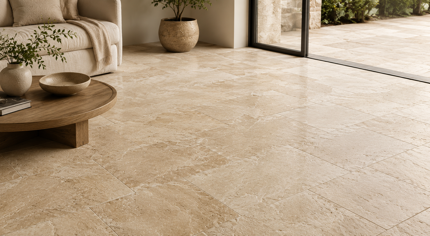 Premium natural stone tile floor installation in a modern living room featuring large-format beige tiles with a seamless indoor-outdoor design.