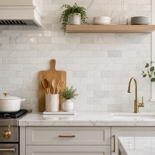 Subway marble tile for kitchen backsplash bathroom walls and shower design in Carrara Calacatta and Thassos
