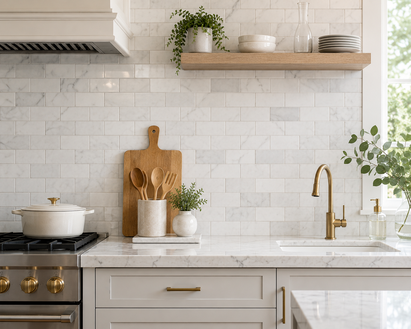 Subway marble tile for kitchen backsplash bathroom walls and shower design in Carrara Calacatta and Thassos