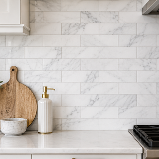 Elegant white marble backsplash tile featuring premium natural stone with subtle gray veining in a bright modern kitchen.