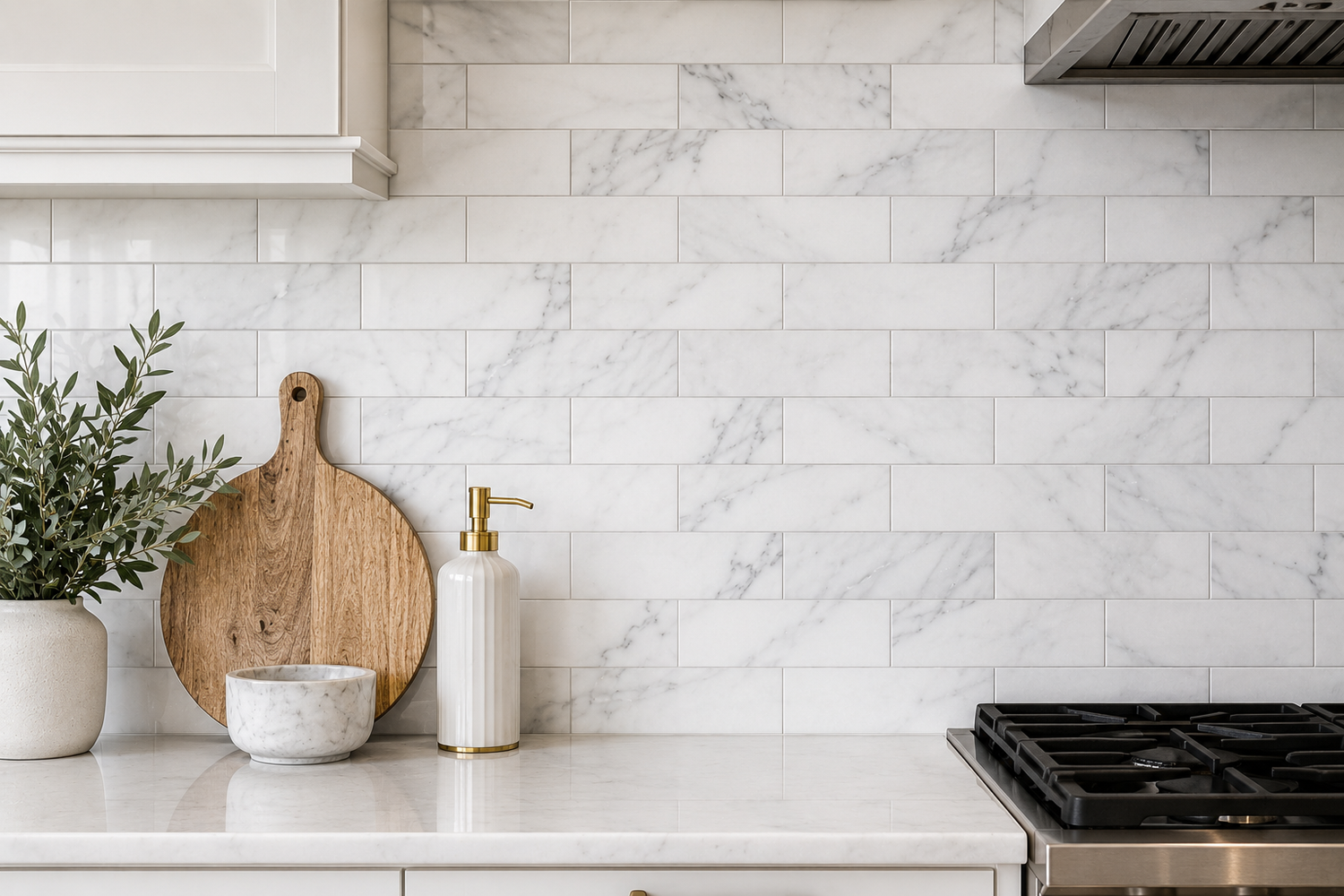Elegant white marble backsplash tile featuring premium natural stone with subtle gray veining in a bright modern kitchen.
