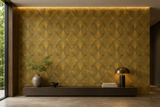 Golden Dream Scale marble mosaic tile by Mythology Tile, featuring shimmering gold and white scaled pattern for elegant surfaces.
