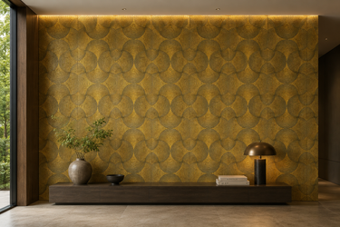 Golden Dream Scale marble mosaic tile by Mythology Tile, featuring shimmering gold and white scaled pattern for elegant surfaces.
