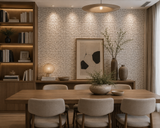 White marble mosaic tile with golden leather accents from Mythology Tile, showcasing intricate mosaic pattern for decorative use.