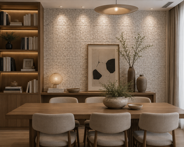 White marble mosaic tile with golden leather accents from Mythology Tile, showcasing intricate mosaic pattern for decorative use.