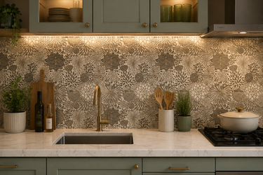 White marble mosaic tile from Mythology Tile's Lidya Garden collection, showing intricate mosaic pattern and polished surface.